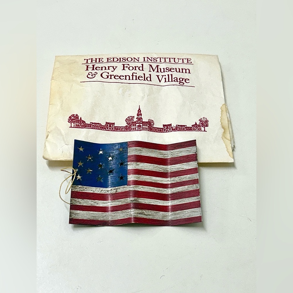 1980s Vintage Antiqued Distressed Hand Painted Metal American Flag Ornament